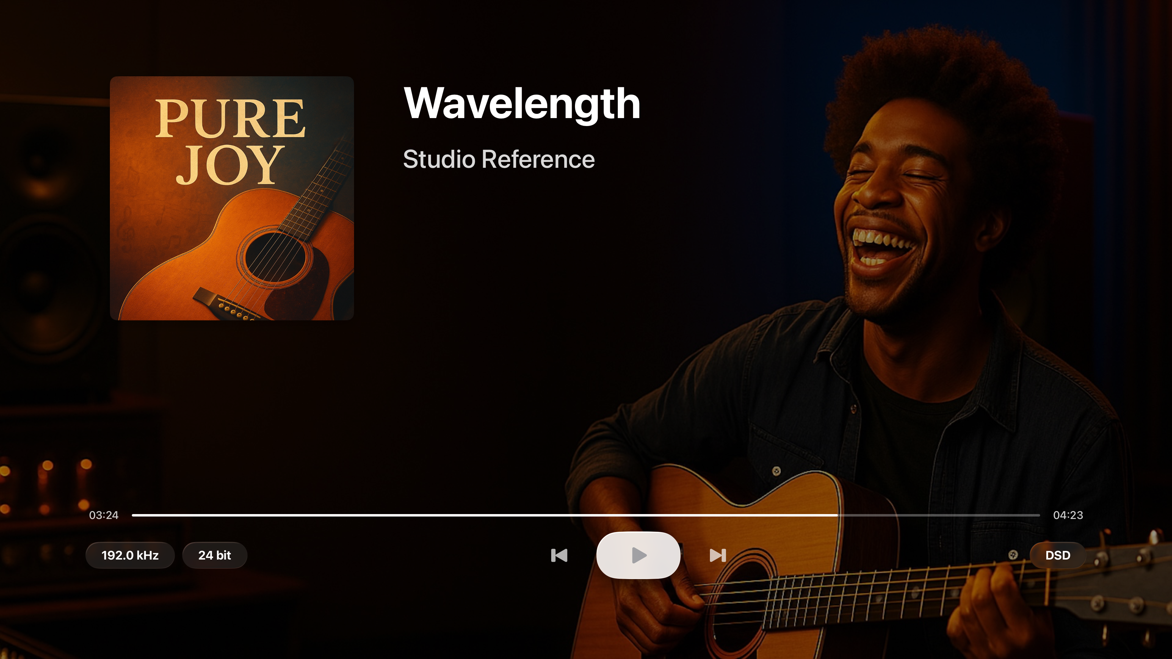 SoloLive Apple TV Interface showing Wavelength by Studio Reference with audiophile controls